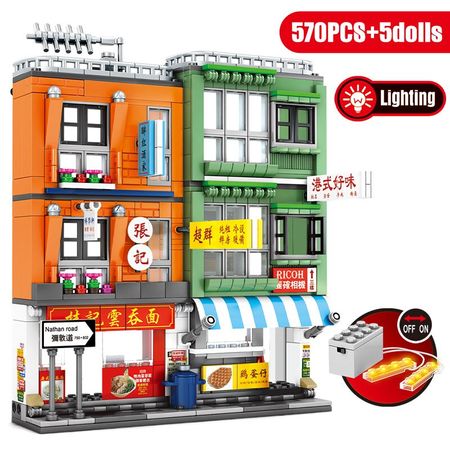 SEMBO 570pcs City Street View Hong Kong Style Food Shop Figures Bricks Creator LED House Architecture Building Blocks DIY Toys