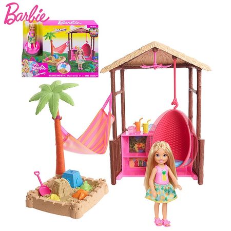 Original Barbie Chelsea Doll Tiki Hut Travel-Themed Playset Sand Toy Doll Accessories Girls Dolls House Toys for Children Boneca