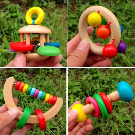 Infant Hand Grab Rattle Wooden Music Sound Toy Geometric shape Baby Toddler Early Educational Toys for Children 0-2 years old