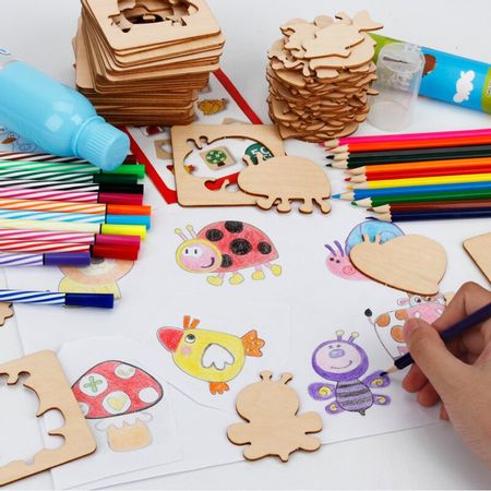 Children Wooden Toys Animal / Vehicle / Insect Painting Model  Watercolor Painting Graffiti Tool Set Baby Art Drawing Toy Board