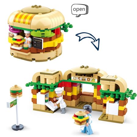 City streetscape  Building Block Fast Food Set  French fries burger Cola Drinks Shop Model DIY Bricks Blocks Toys Gift