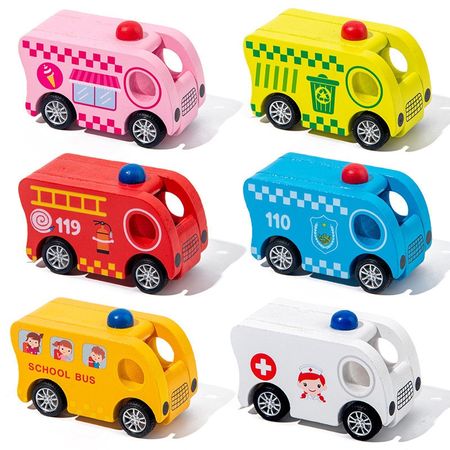 Wooden Mini Cartoon Pull Back Car Toy Inertial School Bus Fire Truck Model Educational Car Toys for Baby Kids Birthday Giifts