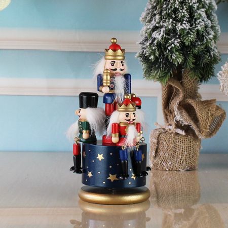 Wooden Nutcracker Doll Rotating Music Box Miniature Figurines Vintage Handcraft Puppet New Year Christmas Ornaments Home Decor