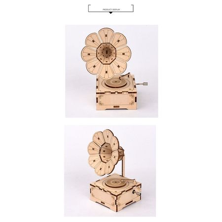 Children Wooden DIY Hand Cranked Phonograph Music Box Creative 3D Wooden Puzzle Ramophone Assembly Model Building Kits Toys