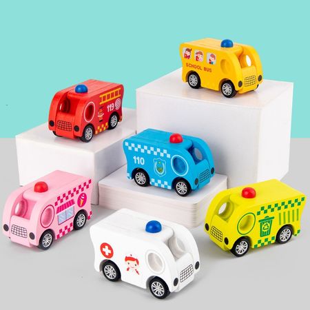 Wooden Mini Cartoon Pull Back Car Toy Inertial School Bus Fire Truck Model Educational Car Toys for Baby Kids Birthday Giifts