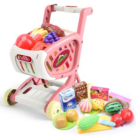 15Pcs/set Shopping Cart Supermarket Trolley Push Car Girls Toys Cutting Food Fruit Pretend Play Kids Toy Mini Shopping Basket