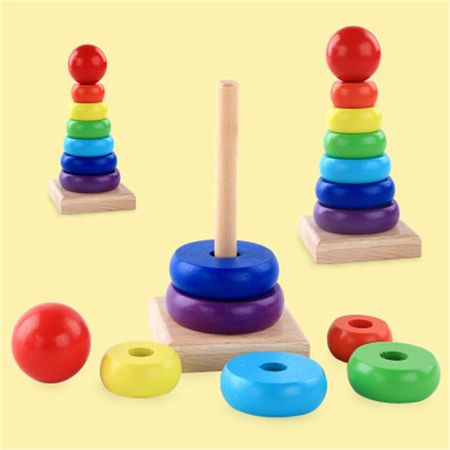 Wooden Rainbow Stacking Warm Macaron Color Stacking Ring Tower Building Blocks Toys Folds High Wood Toddler Baby Toy Girls Gifts