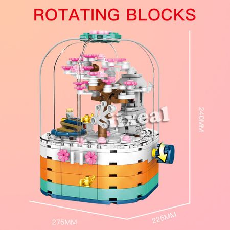 With LED Light Rotating Box Building Blocks Cherry Blossom Season Fit Lego City Sreet Bricks Girl Toys Friends SEMBO BLOCK