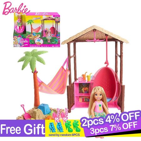 Original Barbie Chelsea Doll Tiki Hut Travel-Themed Playset Sand Toy Doll Accessories Girls Dolls House Toys for Children Boneca