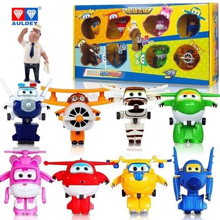 AULDEY Super Wings 8 pcs/set Mini Robot Deformation Action Figures Toy DONNIE JETT DIZZY PAUL with JIMBO Children Birthday Gift