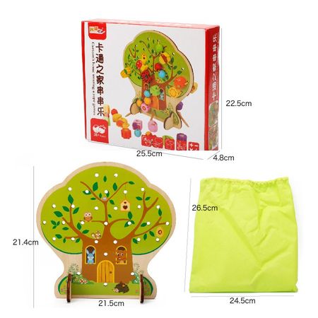 Children Wooden Blocks Puzzle Cartoon Tree Wood Fruit, Flower, Insect Wear String Beads Game Toys Arts and Crafts for Kids Gifts