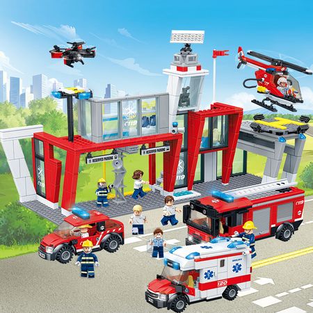City Fire Station Model Building Blocks Firefighter man Truck Enlighten Bricks Compatible LegoING Educational Toys For Children
