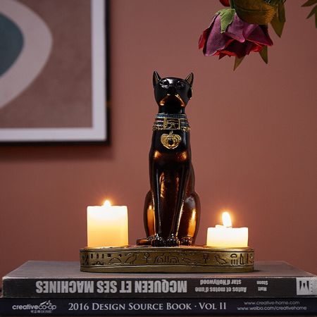 Egyptian Cat Candlestick Resin Figurine Statue Decoration Vintage Dog Goddess Bastet Statue Home Office Garden Decor Gift