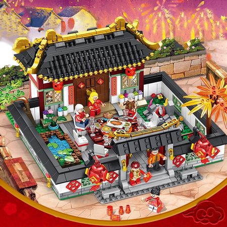 Chinese City Street Spring Festival New Year's Eve Family Dinner Dragon dance Building Blocks  Gift Toys for children