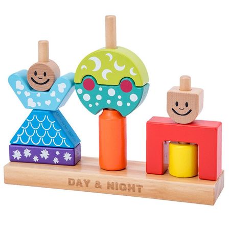 Wooden Building Blocks Toy For Children Sun & Moon Day & Night Pillar Assembled Wood Blocks Intelligence Board Game Baby Toys