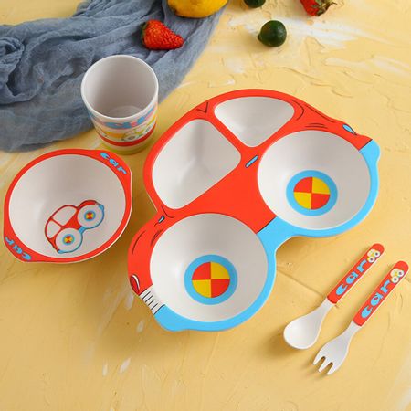 5pcs/Sets Baby Bowl Child Dishes And Plates Sets Bamboo Bowl For Children Baby Feeding Set Cartoon Car Shape Tableware For Kids