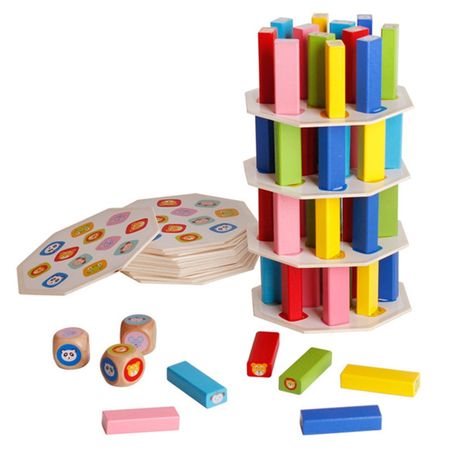 54Pcs Wooden Building Blocks Toy Cartoon Animal Colorful Rainbow Domino Stacking Tower Creative Board Games for Children Baby