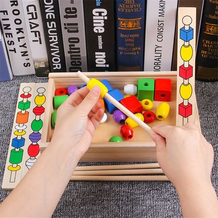 Wooden Montessori Materials Game for Kid Children Bead Sequencing Set Colorful Shape Stick Beading Beading Block Classic Toys