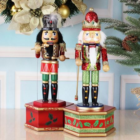 38cm Wooden Nutcracker Nutcracker Doll Puppet Music Box for Home Christmas Decoration Figurines Ornaments Gifts