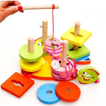 Wooden Multifunctional Magnetic Fishing Game Geometric Shape Matching Set Wood Building Blocks Toys For Children Girls Gifts