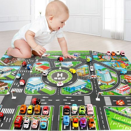 40Pcs city map car toy model game pad children interactive play house toy (28Pc road sign + 11Pc car + 1Pc map)
