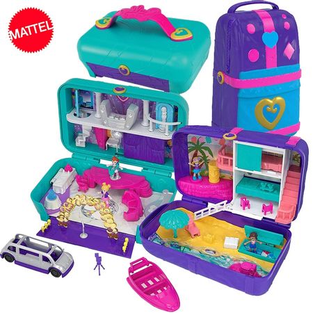 Original Mattel Polly Pocket Mini Polly Big Million World Treasure Box Luxury Car Travel Suit FRY39 Girls Toys Big Pocket World