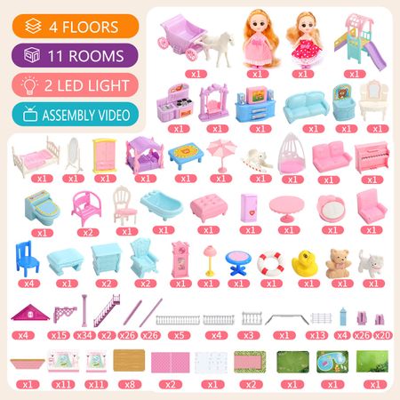 Big Princess DollHouses Kit DIY Villa With LED Light Pink Castle Set Furniture Playroom Assembled Building Toys For Girls Kids
