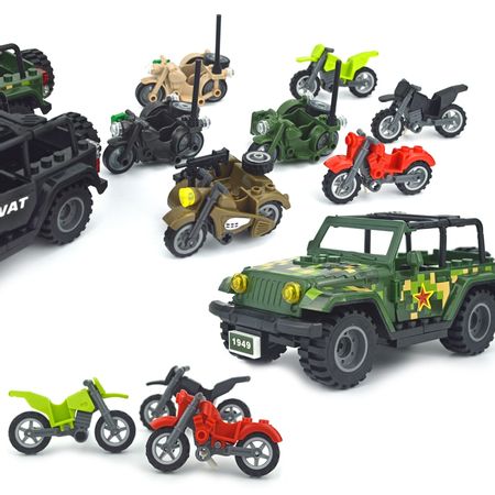 Military Cross Country Motorcycle Army Soldiers SWAT SUV City Police Car Brick Set WW2 Military Accessories Building Blocks