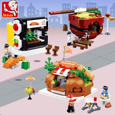 City streetscape Building Block Fast Food Set Hotdog Buns Shop Model DIY Bricks Japanese ramen Sushi Educational Toys Gift