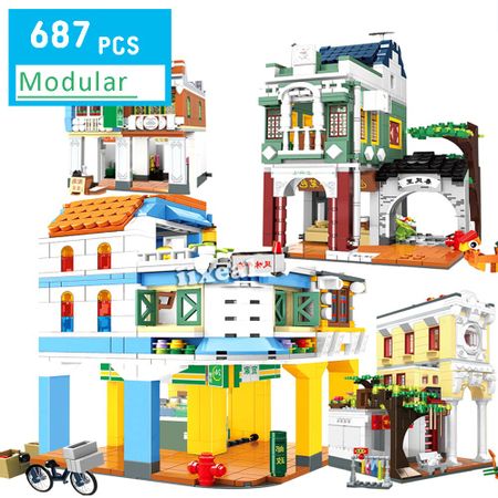 Fit Lego Creative Idea City Street View House Architecture Building Blocks Pawn Chemist's Shop Arcade Bricks Children Toys gifts
