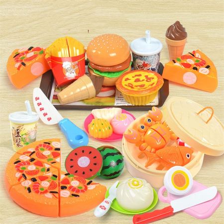36PCS Plastic Kitchen Toy Shopping Cart Set Cutting Fruit Vegetable Food Pretend Play House Education Toys Basket for Girl Kid