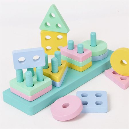 Wooden Toddler Montessori Toys Macaron Color Geometry Shape Match Intelligence Building Stacking Blocks Kids Block Wood Toy