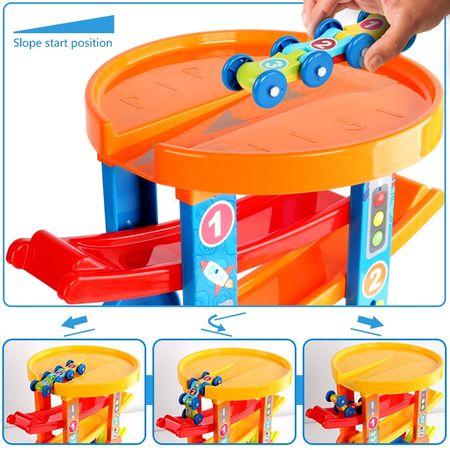 7-Layer Ramp Race Track & 6 Mini Inertia Car Sliding Toy Vehicel &Train Baby Toddler Motor Skill Educational Kids Toys