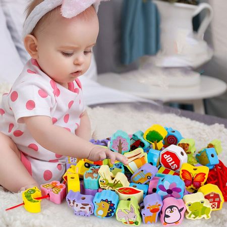 Wooden Building Blocks Beads Baby Toys Montessori Cartoon Colorful Animal Traffic Farm Insect Beaded Rope Game Learning Kid Toy