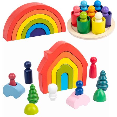 Wooden Colorful Rainbow Building Blocks Assembled House Set Creative Stacking High  Montessori Learning Wood Toys for Baby Kids