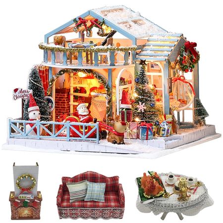 Christmas DIY Doll House Wooden Miniature Dollhouse Furniture Kit European Style Wood House Birthday Gift Toys For Children