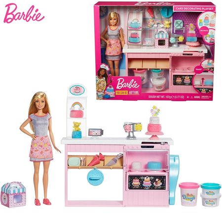 Original Barbie Cake Decorating Playset Kitchen Cooking Education Toy Doll House Toys for Girls Children Education Boneca Gifts