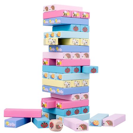 51Pcs/set Big Size Wooden Warm Color Rainbow Animals Tower Building Blocks Toy Domino Stacking Board Game Montessori Child Toy