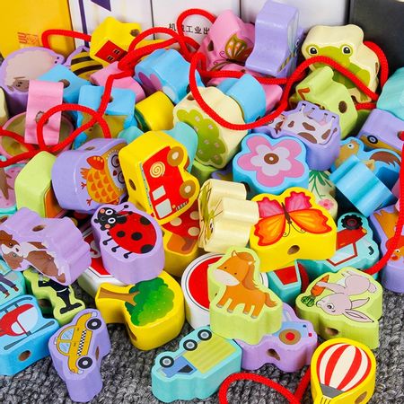 Wooden Building Blocks Beads Baby Toys Montessori Cartoon Colorful Animal Traffic Farm Insect Beaded Rope Game Learning Kid Toy