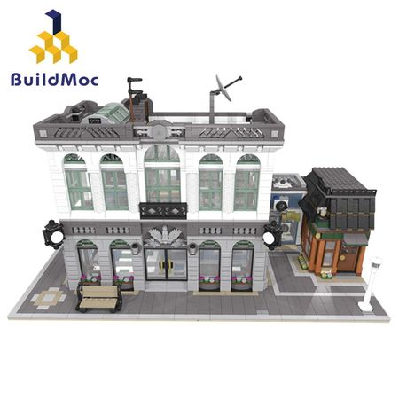 BuildMoc 10811 Brick Bank with Coffee Shop Classic City Building Downtown Module Building Block Toy Children's Gift
