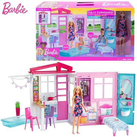 Original Barbie Doll Shining Holiday Home Dream Luxury House Kids Family Furniture Accessories Toy for Girls Birthday Gift Box