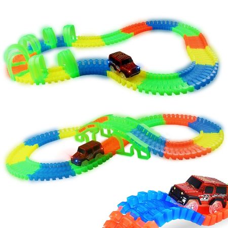 DIY Tracks Car Set with Bend Flex serpentine technology Glow in The Dark Track LED race Car Tunnel Bridge Puzzle Toys Kids Gift