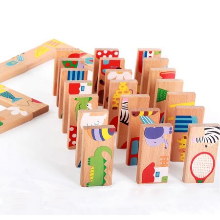 Baby Wooden Domino Block Toys Cartoon Garden Animal Vehicle Fruit Domino Blocks Toys Building Blocks Educational Matching