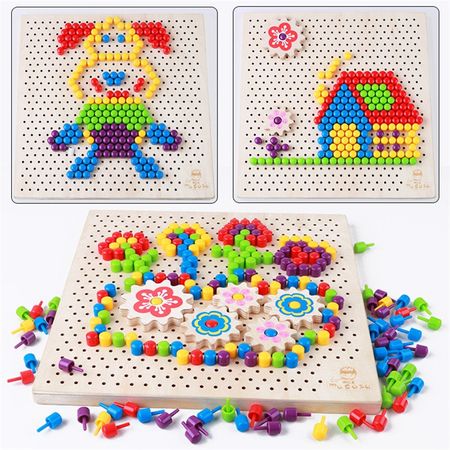 Wooden Colorful 3D Mushroom Nail Kit Puzzle Kids Math Toys Creative Assembling  Inserting Games Intellectual Education Wood Toy