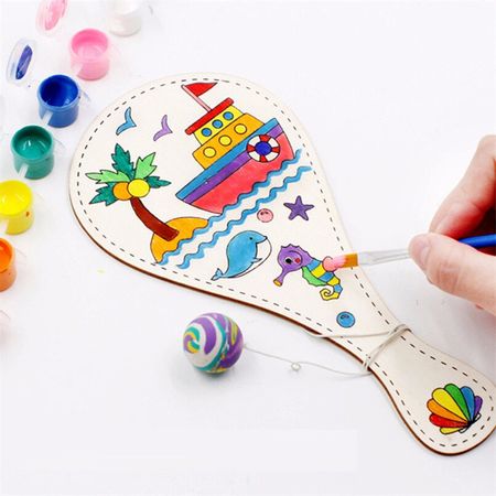 4PCS Wooden Racket Game DIY Drawing Toy Kindergarten Teaching Aids Painting Craft Art Cartoon with Ball Graffiti Handmade Toys