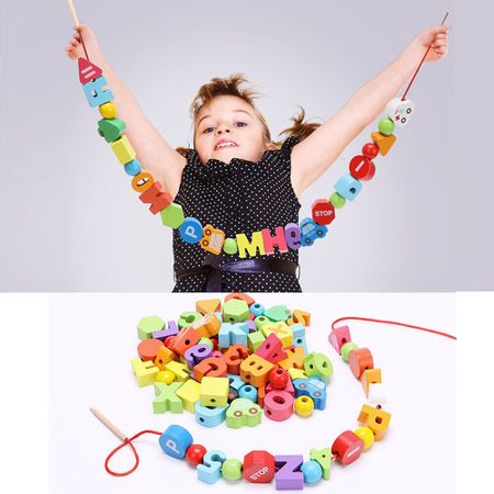 75Piece Wooden Urban Traffic Number Letter Beaded Rope Game Toy Educational Stringing Threading Beads Puzzle Toys for Children