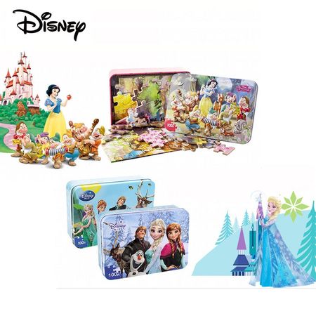 Disney Toy Mickey Racing Story Princess McQueen Frozen 100 Pieces Tin Box Wooden Jigsaw Puzzle Toy Gift for Children