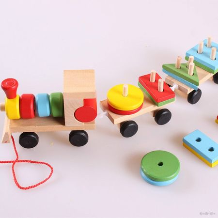 Wooden Car Toys Wooden Stacking Shape Geometry Train Toy Diecasts Vehiclec Set Combination Train Cars Kids Educational Toys