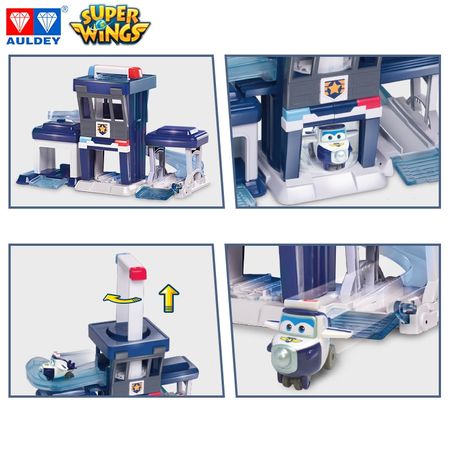 AULDEY Super Wings Original Paul Police Station with Lift and Taxiing Tracks Deformation Action Figure Toys