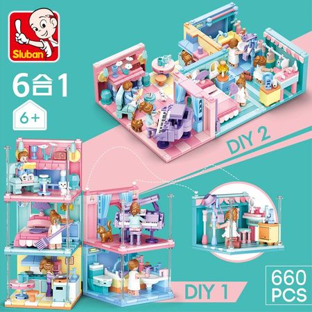 Sluban 6 IN 1 blocks compatible friends house bedroom Piano Roommodel building Kids educational toys creator city girls' blocks